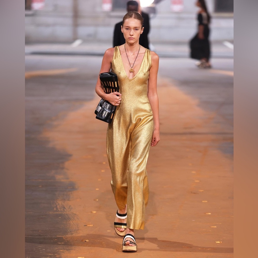 NWT Gabriela Hearst Melitta Wool Maxi Dress Gold Metallic Plunge V Neck Sz S